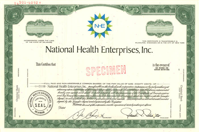 National Health Enterprises, Inc. - Stock Certificate
